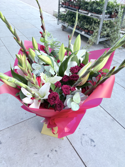 Summer love - White lilies,red roses and red gladiolus